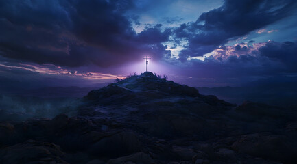 A cross on the top of a hill with a beam of light shining down from the sky, an Easter concept, captured in a wide-angle, cinematic composition with dark blue and purple tones, a photorealistic, 