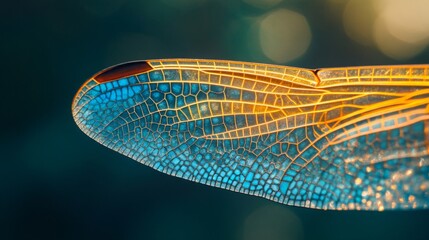 Closeup of a Dragonfly Wing: Blue Orange Yellow Hues