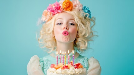 Fototapeta premium Adorable Girl Blowing Candles on Birthday Cake