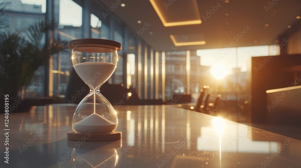 Poster sunlight streaming through large windows creates a serene atmosphere as an hourglass sits gracefully