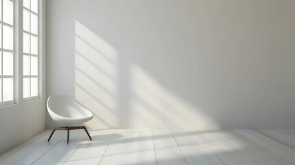 Fototapeta premium Modern minimalist interior featuring a sleek chair in a sunlit room with shadows on the wall