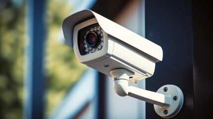 High-Quality Surveillance Camera Mounted on a Wall with Clear Lens, Outdoor Security System for Monitoring Various Environments