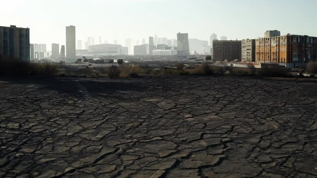 Cracked earth showing urban drought and climate impact