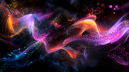Fototapeta premium A long-exposure photograph of sound waves, illuminated by neon lights against a dark background. The colorful light rays create an abstract and dynamic pattern that symbolizes the energy or 