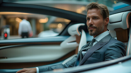 Businessman in Luxury Car Modern Cityscape, Grey Suit, Wealthy Urban Travel Design.
