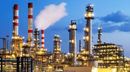 Obraz premium Industrial landscape at dusk featuring illuminated refinery towers and smokestacks