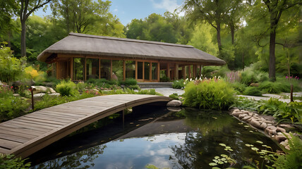 Obraz premium Realistic Garden with Traditional Architecture and Serene Landscape