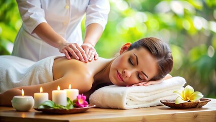 Obraz na płótnie Canvas Close-up of young woman getting spa massage treatment at beauty spa salon. Cosmetology beauty skin care anti-aging treatment rejuvenation. Body care, spa 