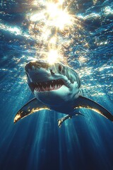 Great White Shark Swimming Underwater Sunlight Beams