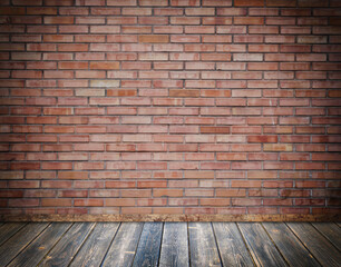 Old bricks wall and old wooden floor background with vignette effect.