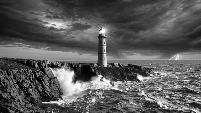 A lighthouse standing against a stormy sea, dramatic grayscale tones, moody diffused light, and a rugged, powerful atmosphere. cinematic storytelling.