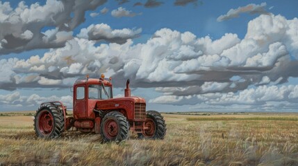 Fototapeta premium A bright red tractor working in a farm field under a cloudy sky.