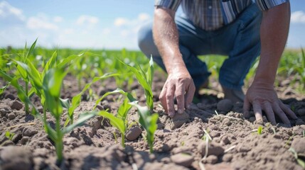 Fototapeta premium A farmer kneeling in a field of corn, inspecting the plants.