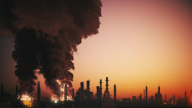 Explosion at an oil refinery. Oil refinery with smoke. Massive fire explosion at gas refinery. Industrial factory fire
