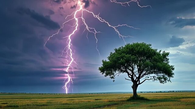A striking image of a tree under a dramatic lightning storm.