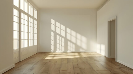 Fototapeta premium Bright and airy empty room with wooden floor and large windows casting shadows, ideal for interior design