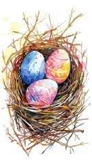 Obraz premium Easter watercolor painting with traditional eggs and nest on white background. Festive spring religion aquarelle drawing postcard