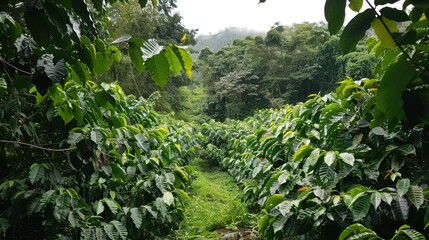 Fototapeta premium A farmer picking coffee beans in a lush green coffee plantation.