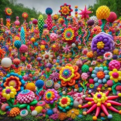 Fototapeta premium A vibrant, whimsical landscape is depicted, seemingly crafted from countless colorful balloons arranged to resemble a fantastical garden 