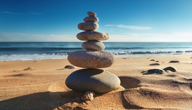 balanced stones on sandy beach with horizon view