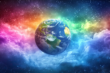 Obraz premium Rainbow shell around planet earth. Stars and clouds in the background. Fantastic image