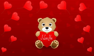 Cute bear holding heart with text on a red background with floating hearts for Valentines Day celebration