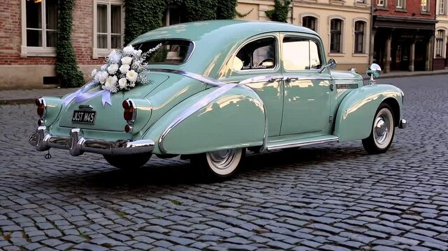 A tracking shot follows a vintage mint green car adorned with wedding decorations as it moves gracefully, evoking romance and nostalgia. Wedding film, period pieces, or sentimental montage.