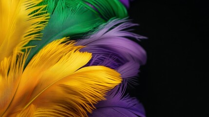 Obraz premium Festive background with Mardi Gras symbols, feathers, beautiful carnival masks, confetti and glitter.