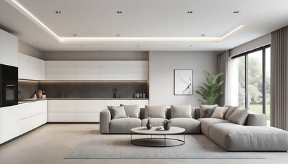 A luxurious and minimalist home interior featuring a spacious open-plan kitchen and living area, complemented by a blank accent wall. 3D Rendering.
