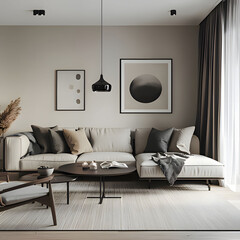 Modern living room featuring neutral tones and minimalist decor with artwork and stylish furniture. Generative AI