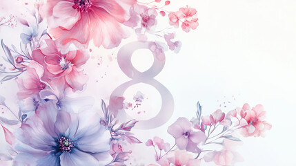 Fototapeta premium Elegant watercolor number eight with pink and blue flowers.
