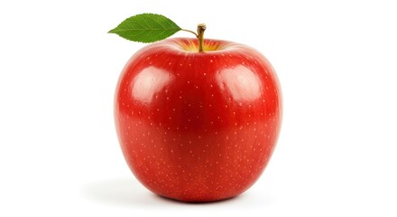 A single red apple with a green leaf