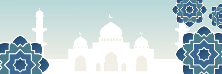 Blue Islamic banner with Mosque silhouette and Mandala ornaments. Design with empty space for text