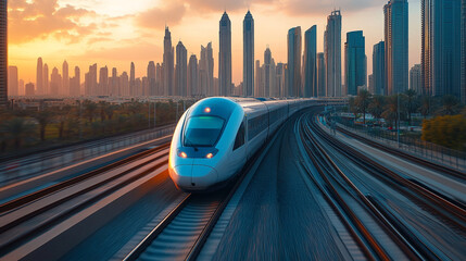 Naklejka premium High Speed Train Modern Cityscape Sunset Urban Travel Fast Transportation rail rapid motion future 