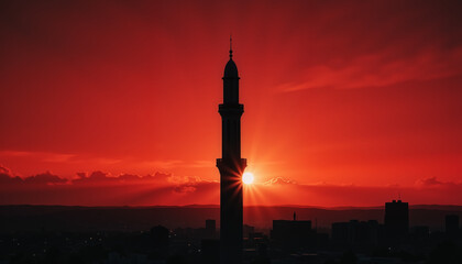 Obraz premium Silhouetted minaret at sunset during Ramadan, symbol of solitude