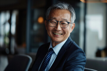 close up horizontal portrait image of a happy asian businessman laughing at the office
