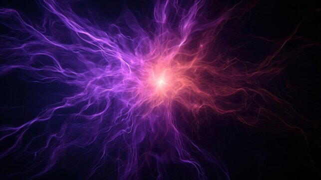 A vibrant display of swirling purple and red energy, emanating from a central point, set against a dark background, evoking themes of cosmic phenomena.