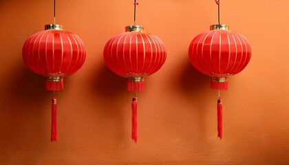 the concept of a minimal background with chinese lanterns three vibrant red lanterns hang against a warm textured orange wall symbolizing celebration