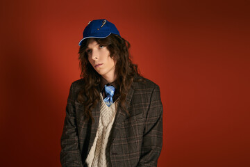 Chic young man with stylish attire and playful cap poses against a vibrant backdrop