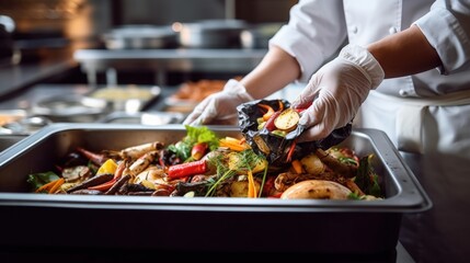 Chef handling organic waste in a modern kitchen, promoting biodegradable practices for sustainable food waste management solutions.