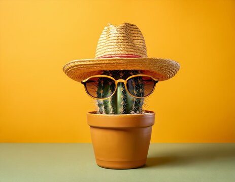 a small cactus with sunglassea and a sumbrero hat in a pot against a clear yellow background