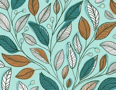 leaves branch and hand drawn doodle scribble floral plants banner seamless pattern creative minimalist abstract art background design wall decoration postcard poster or brochure