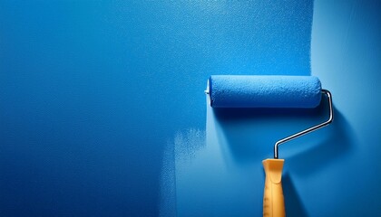 Obraz premium painting a bright blue wall with a roller
