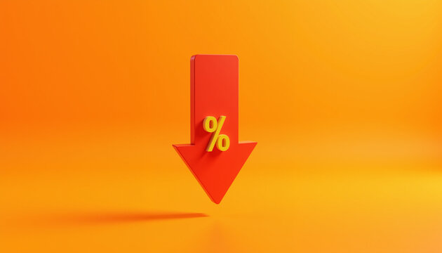 3D red downward arrow with yellow percentage symbol on orange background, financial decline