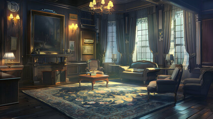 Elegant vintage living room with ornate furniture, warm lighting, and rich decor, creating a cozy atmosphere