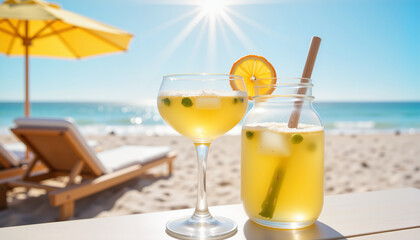 Refreshing asparagus spritz in wine glass on beach, summertime bliss