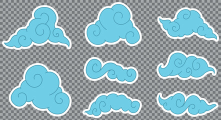 Obraz premium Blue clouds in flat japan style. Jinx tattoo set on transparent background