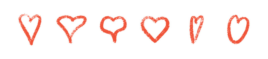 Crayon heart collection in coral red color - elongated, symmetric, stemmed shapes. Hand drawn outlined romantic symbols with chalk textured edges for Valentine day decorative elements.
