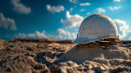 White hard hat on a sandy mound under a cloudy blue sky