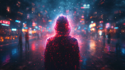 Fototapeta premium Mysterious Digital Hacker in Neon City Night Abstract Background red blue glow dark code data urban 